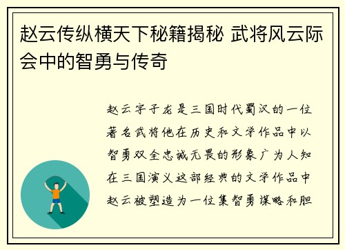 赵云传纵横天下秘籍揭秘 武将风云际会中的智勇与传奇